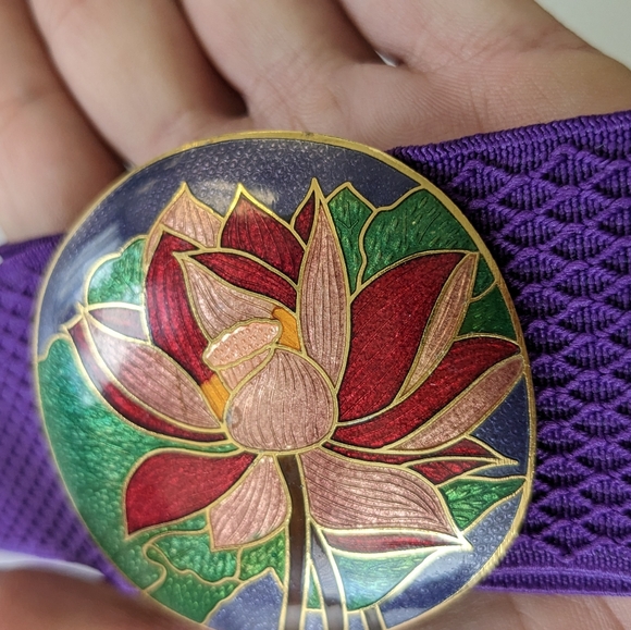 VTG LRG CLOISONNE BUCKLE BRIGHT PURPLE STRETCH BELT - Picture 3 of 15